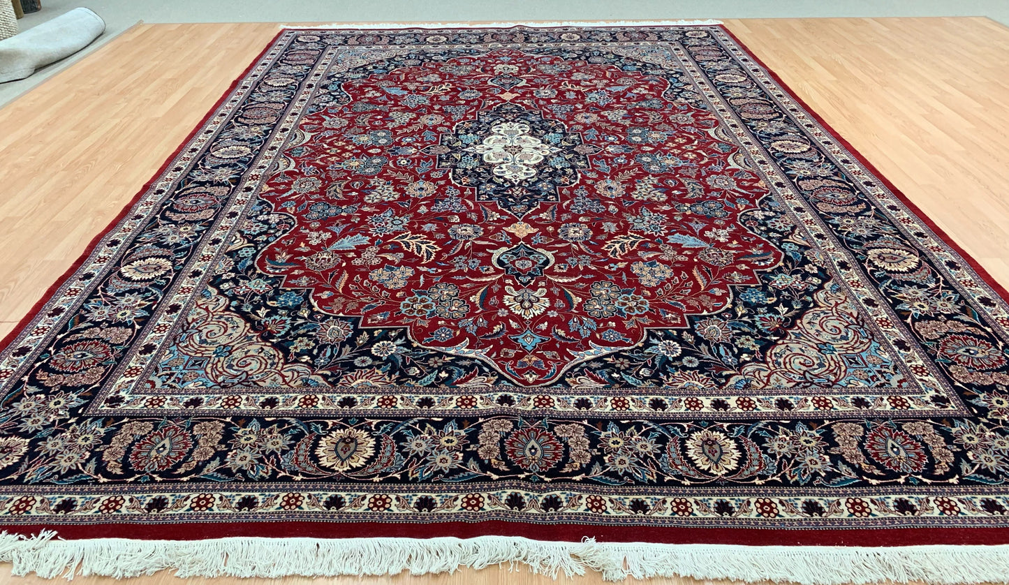 Hand-Knotted Vintage Tabriz Red/Navy Rug (10' x 14')
