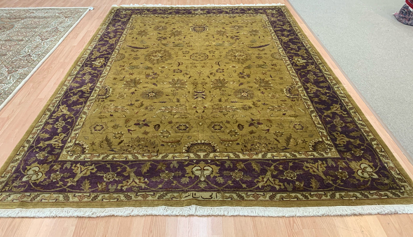 Vintage Hand-Knotted Wool Gold/Purple Mughal Rug (9'x12')