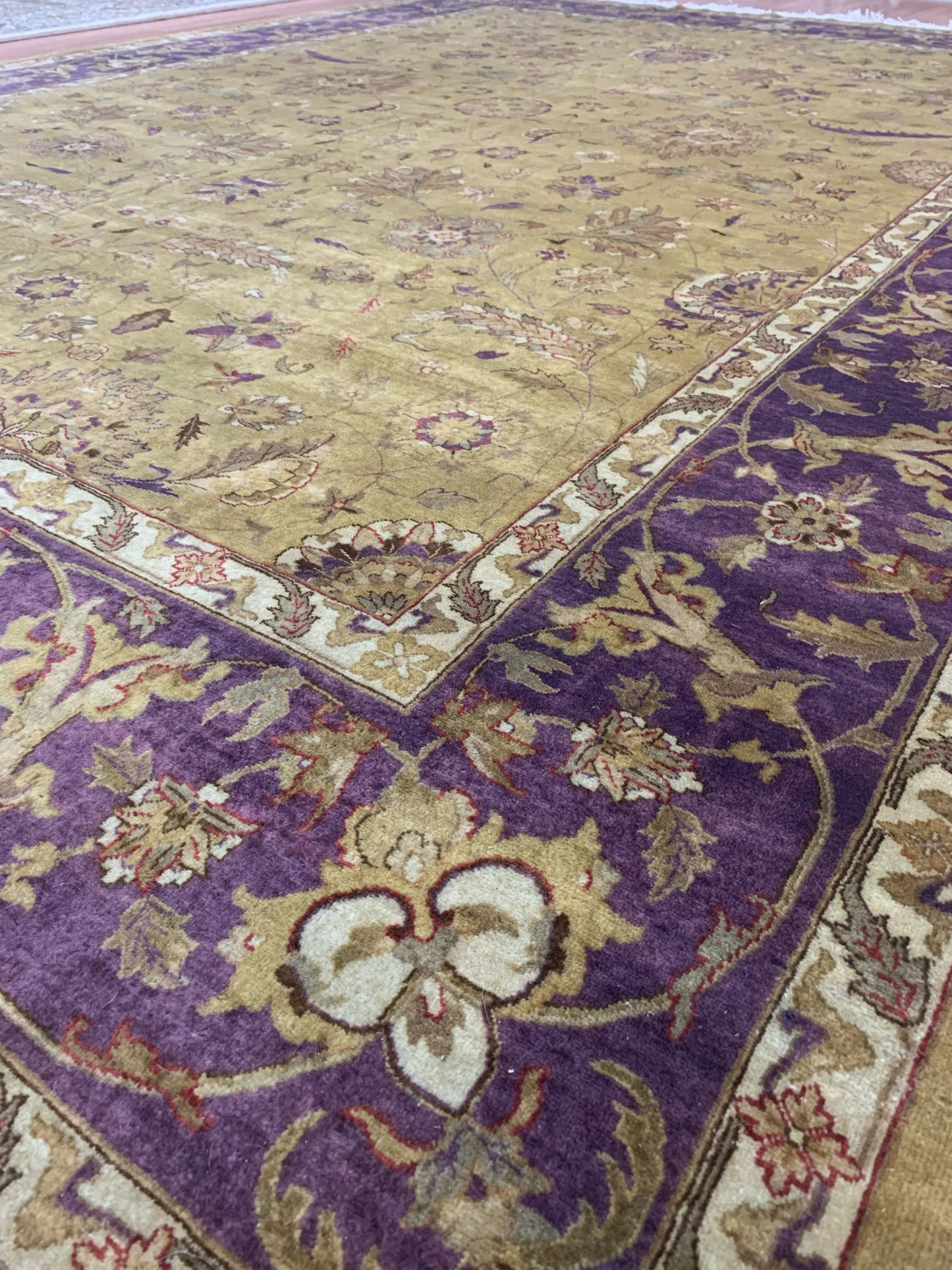 Vintage Hand-Knotted Wool Gold/Purple Mughal Rug (9'x12')