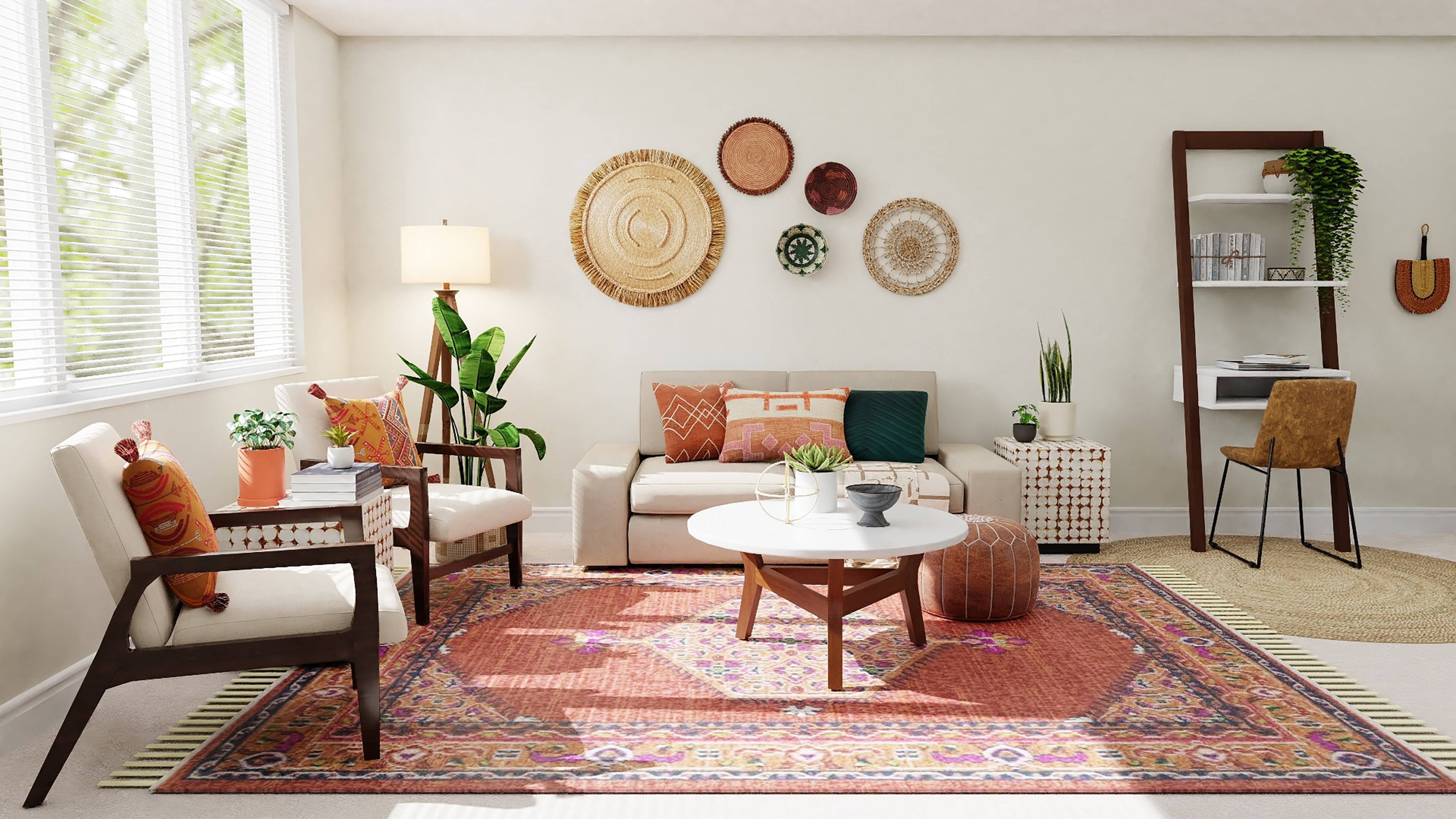 Modern living room with pink medallion rug, ivory loveseat, wood frame chairs, white-topped coffee table, house plants, hemp medallions, and small desk.