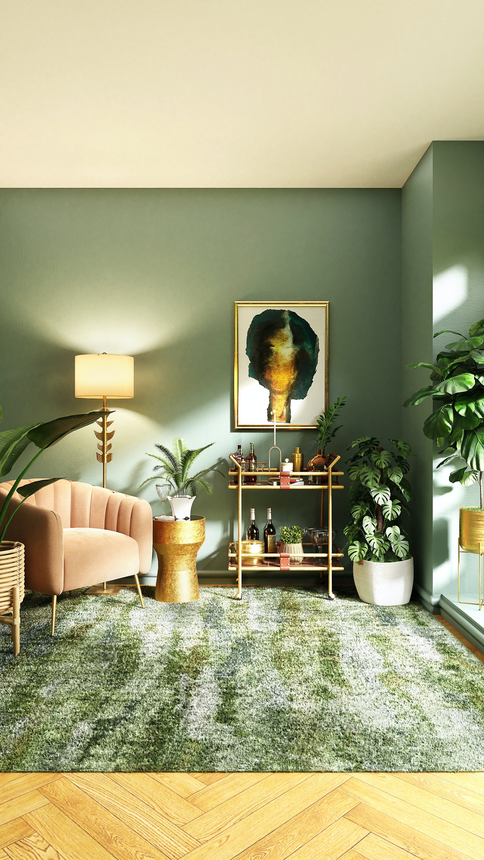 Modern interior sitting area with peach chair, green shaggy rug, gold wine rack, contemporary painting, houseplants, and standing lamp.