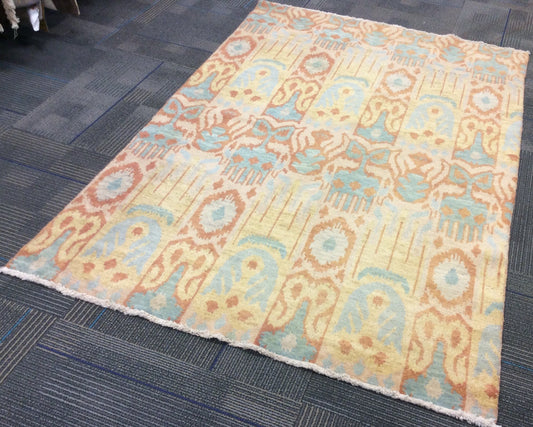 Hand-Knotted Wool Rust/Blue Ikat Rug (4'x6')