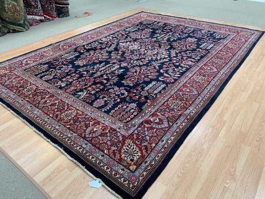 Hand-Knotted Vintage Sarouk Navy/Red Rug (9'10" x14'1")
