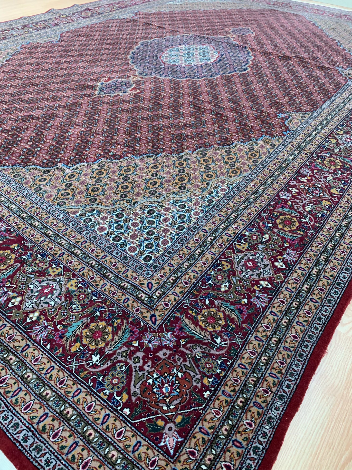 Hand-Knotted Wool and Silk Vintage Tabriz Mahi Red Rug (9'7" x 13'5")