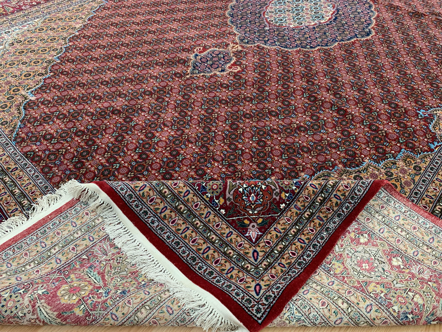 Hand-Knotted Wool and Silk Vintage Tabriz Mahi Red Rug (9'7" x 13'5")