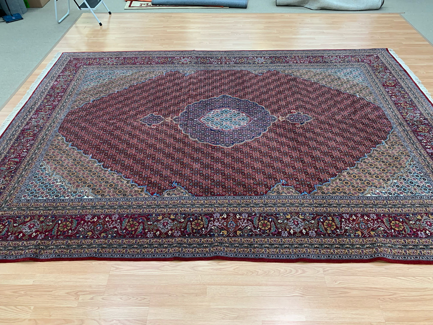 Hand-Knotted Wool and Silk Vintage Tabriz Mahi Red Rug (9'7" x 13'5")