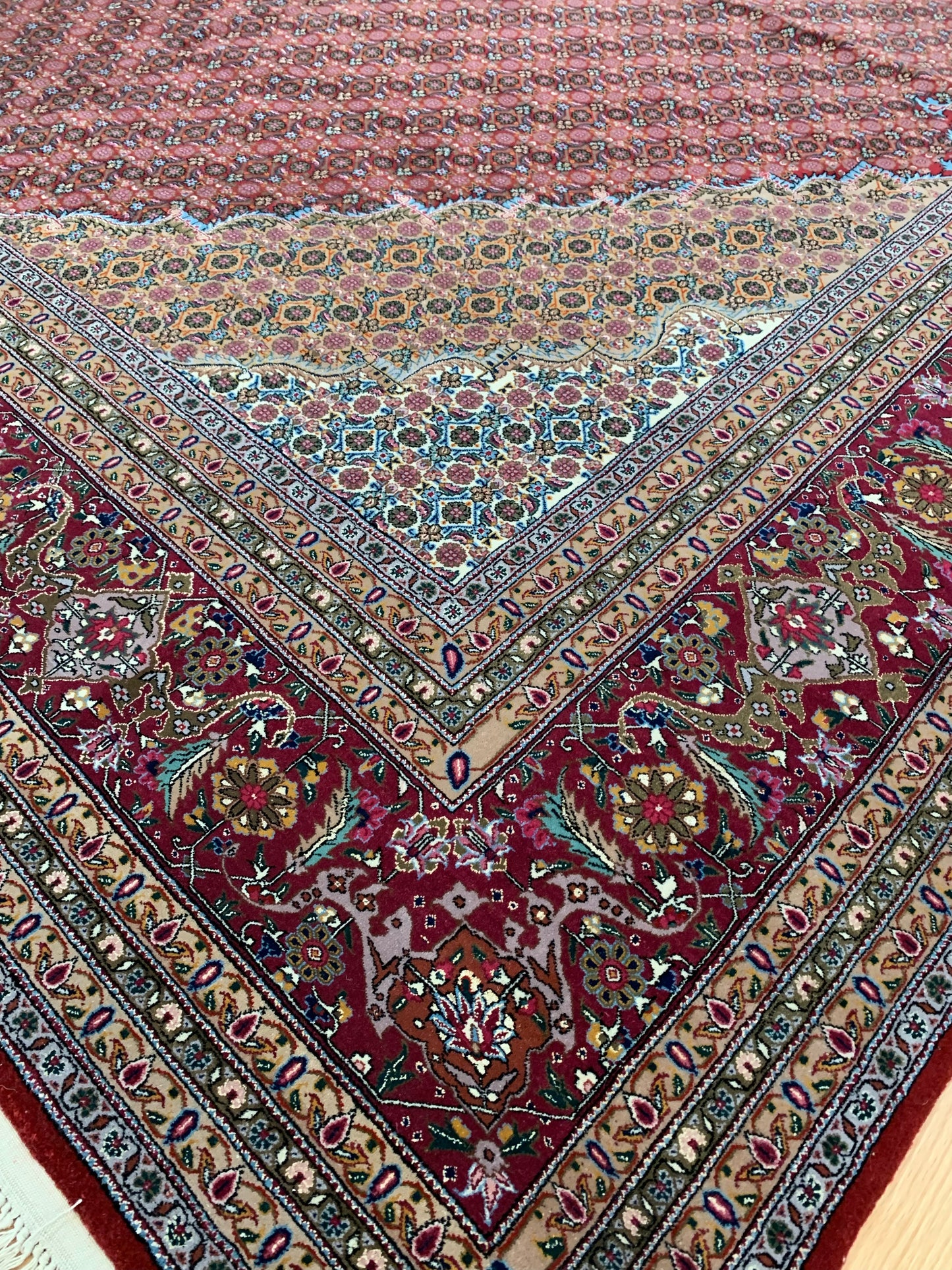 Hand-Knotted Wool and Silk Vintage Tabriz Mahi Red Rug (9'7" x 13'5")