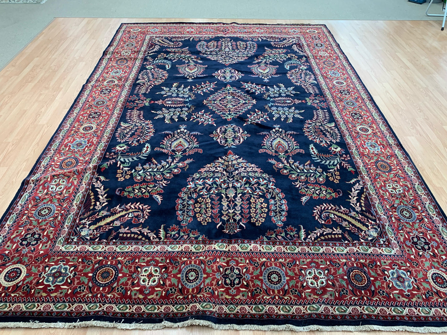 Hand-Knotted Vintage Sarouk Nawab Blue/Rust Rug(9'11" x 14'4")