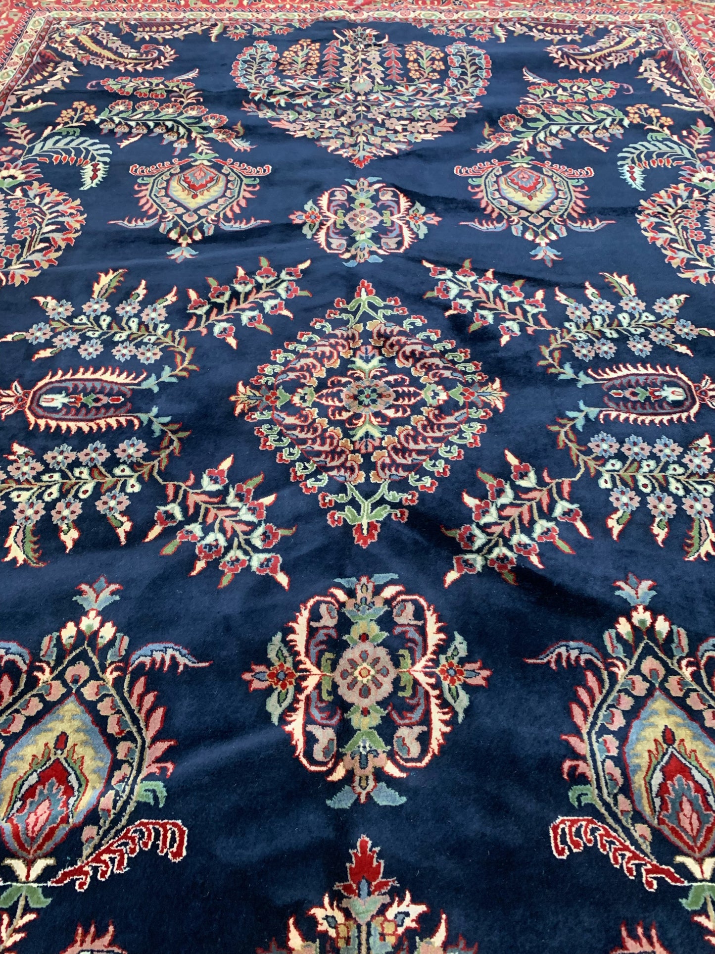 Hand-Knotted Vintage Sarouk Nawab Blue/Rust Rug(9'11" x 14'4")