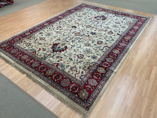 Hand-Knotted Wool Ivory/Red Ghandi Kashan Rug (10x14)