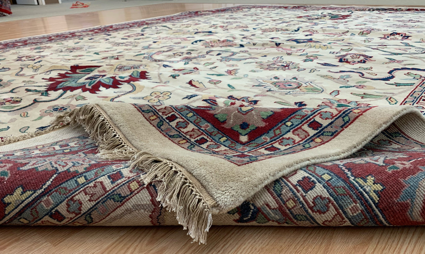 Hand-Knotted Wool Ivory/Red Ghandi Kashan Rug (10x14)