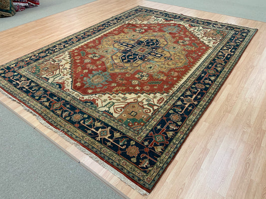 Hand-Knotted Wool Rust/Navy Indo Serapi Rug (10x14'1")