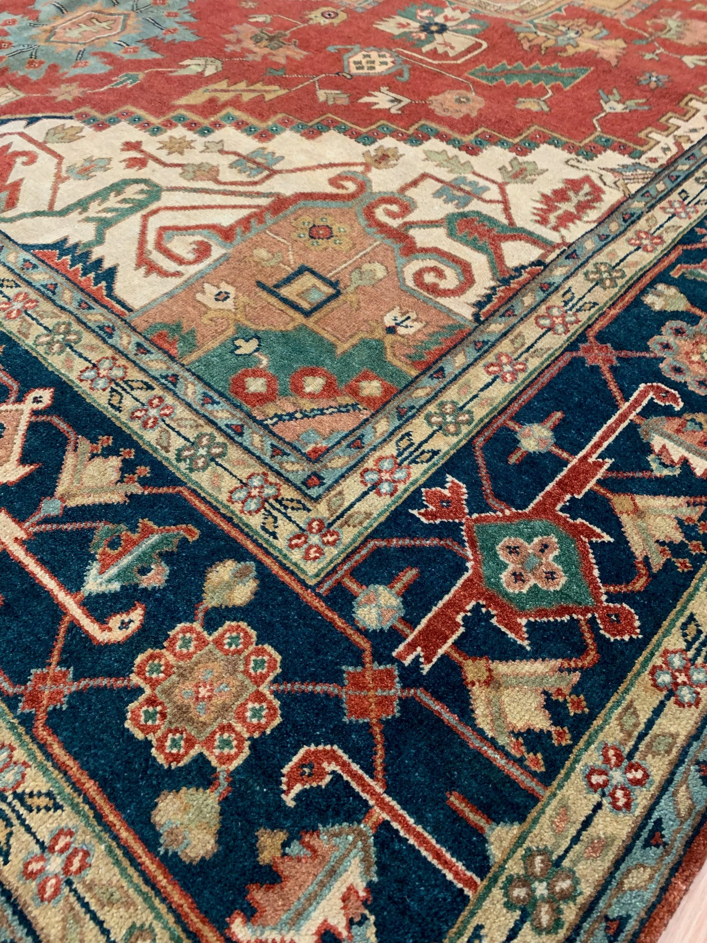 Hand-Knotted Wool Rust/Navy Indo Serapi Rug (10x14'1")