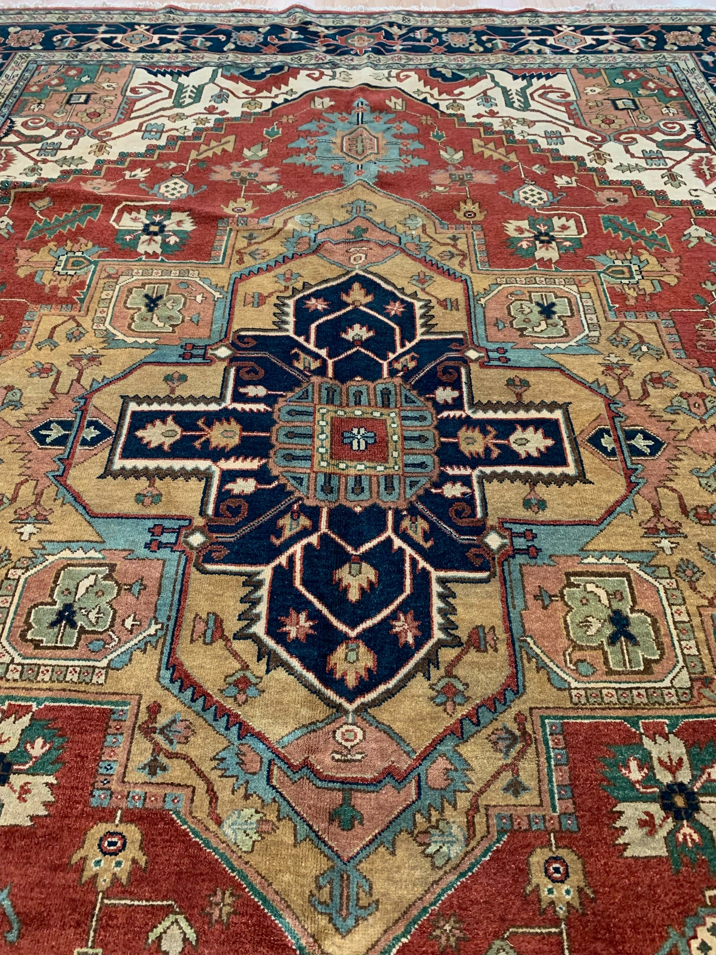 Hand-Knotted Wool Rust/Navy Indo Serapi Rug (10x14'1")