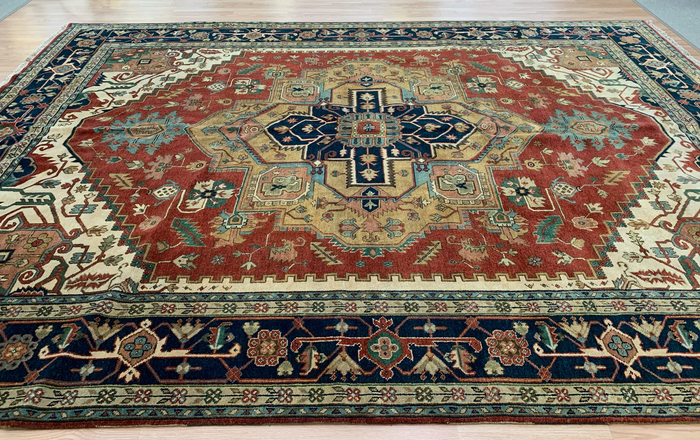 Hand-Knotted Wool Rust/Navy Indo Serapi Rug (10x14'1")