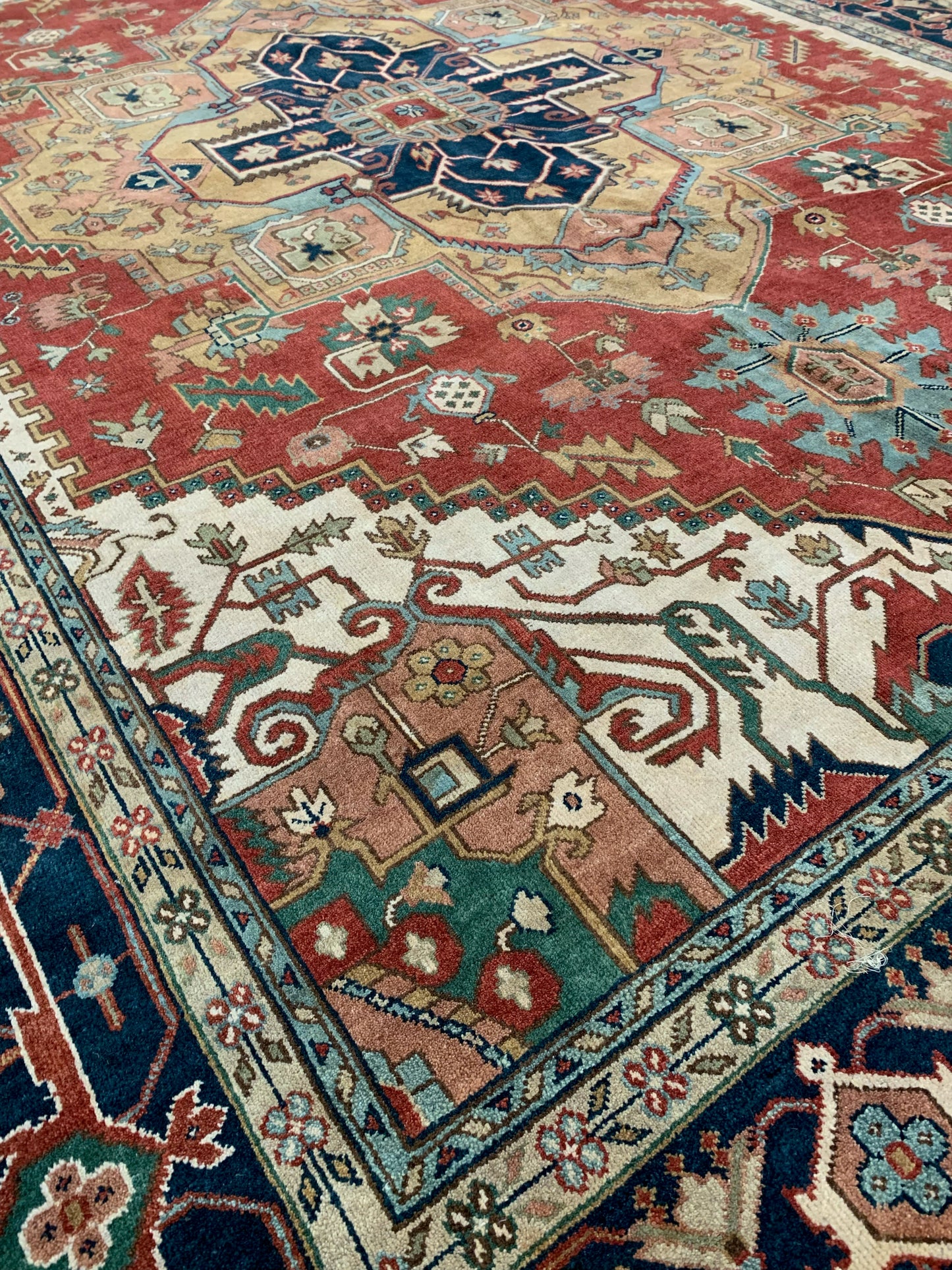 Hand-Knotted Wool Rust/Navy Indo Serapi Rug (10x14'1")