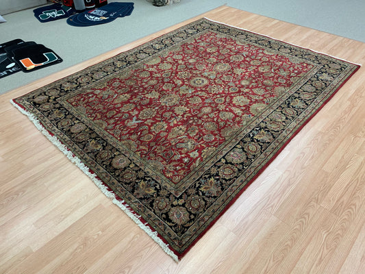 Hand-Knotted Wool Indo-Tabriz  Red/Black Rug (7'7"x9'11")