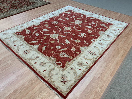 Hand-Knotted Wool Red/Ivory Agra Rug (7'11"x9'8")