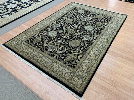 Hank-Knotted Wool Black Agra Rug (6'x9')