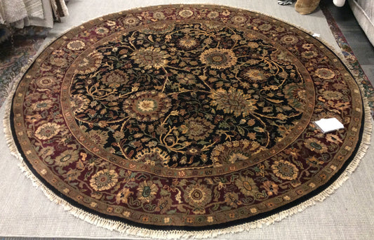 Hank-Knotted Wool Black/Red Heritage Kashan Round Rug (8'Rd)