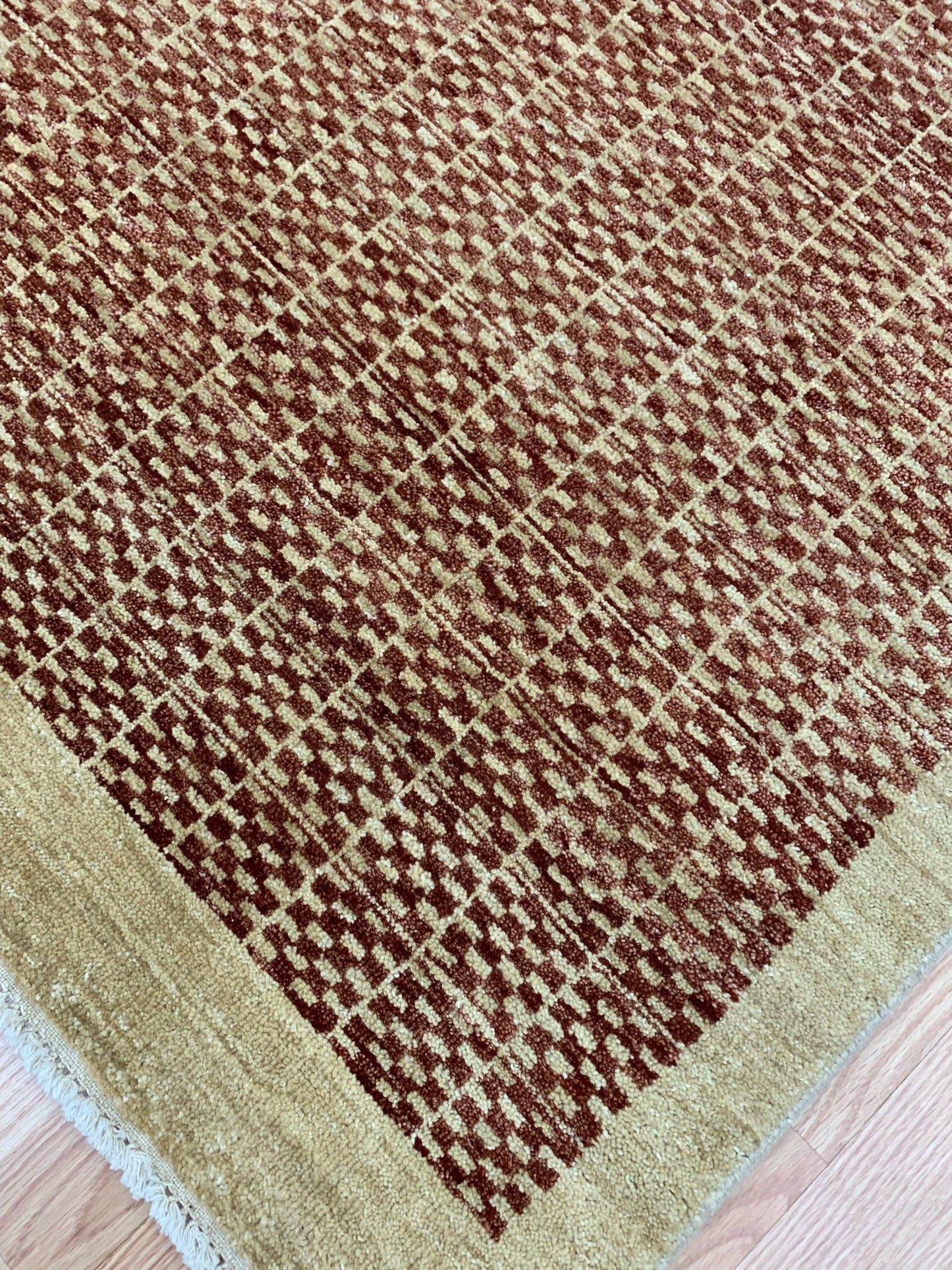 Hand-Knotted Wool Red Checker Chobi Rug (9'x12')