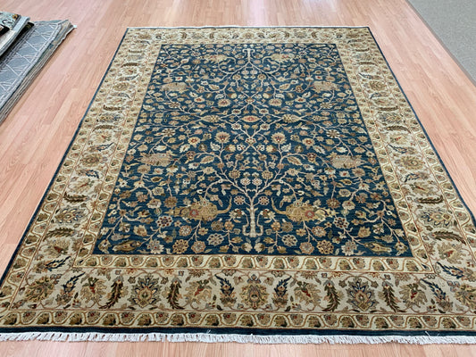 Hand-Knotted Wool Emerald Blue/Ivory Rug (7'11"x9'9")