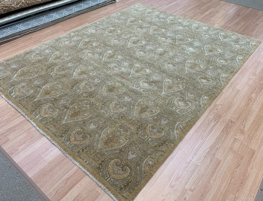 Hand-Knotted Wool and Silk Ivory/Gold Damask Rug (8'x10'2")