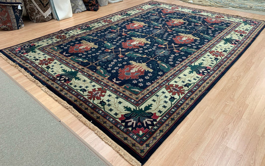 Vintage Hand-Knotted Wool Navy Heirloom Oushak Pattern Rug (9'11"x13'11")