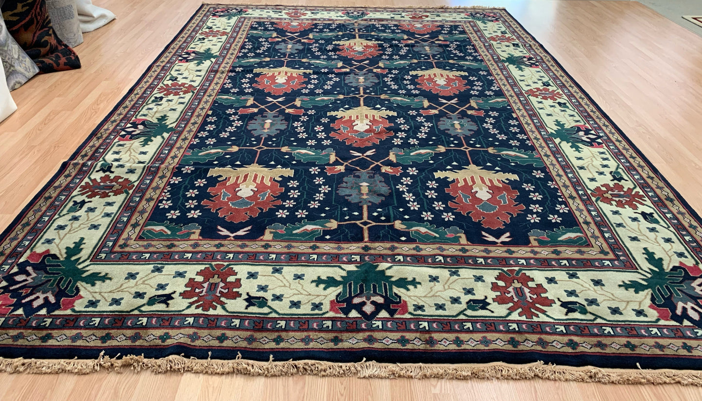 Vintage Hand-Knotted Wool Navy Heirloom Oushak Pattern Rug (9'11"x13'11")