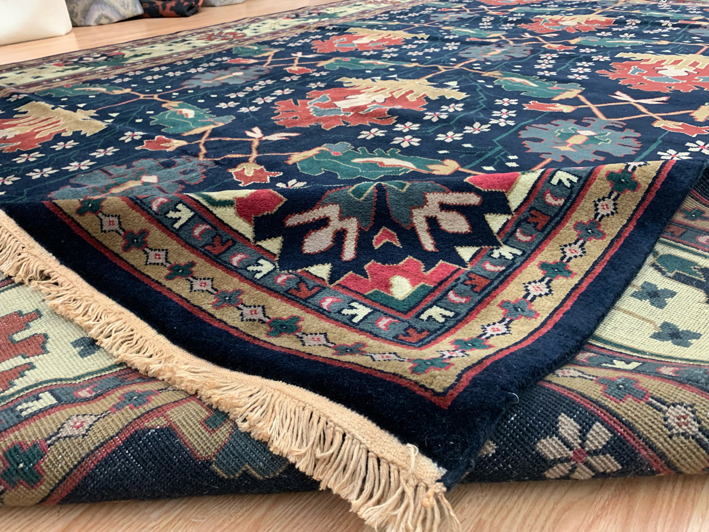 Vintage Hand-Knotted Wool Navy Heirloom Oushak Pattern Rug (9'11"x13'11")