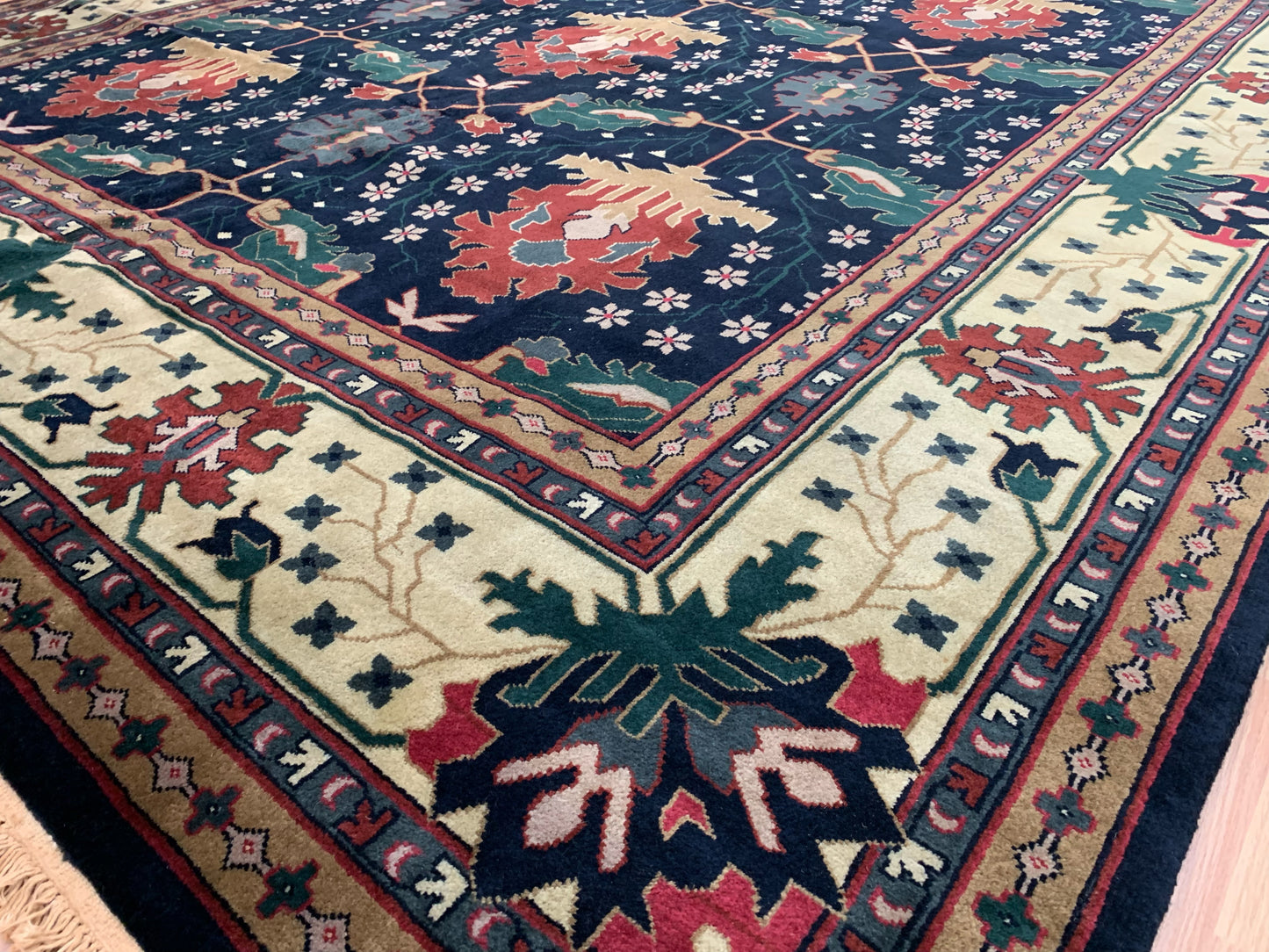 Vintage Hand-Knotted Wool Navy Heirloom Oushak Pattern Rug (9'11"x13'11")