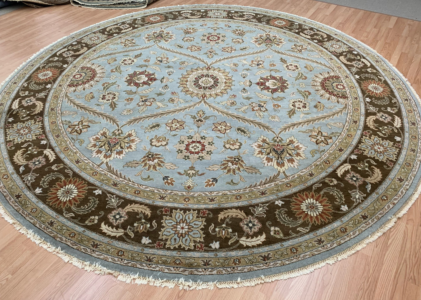 Hand-knotted Wool Ice Blue Arabesque Mughal Round Rug (12'3"Rd)