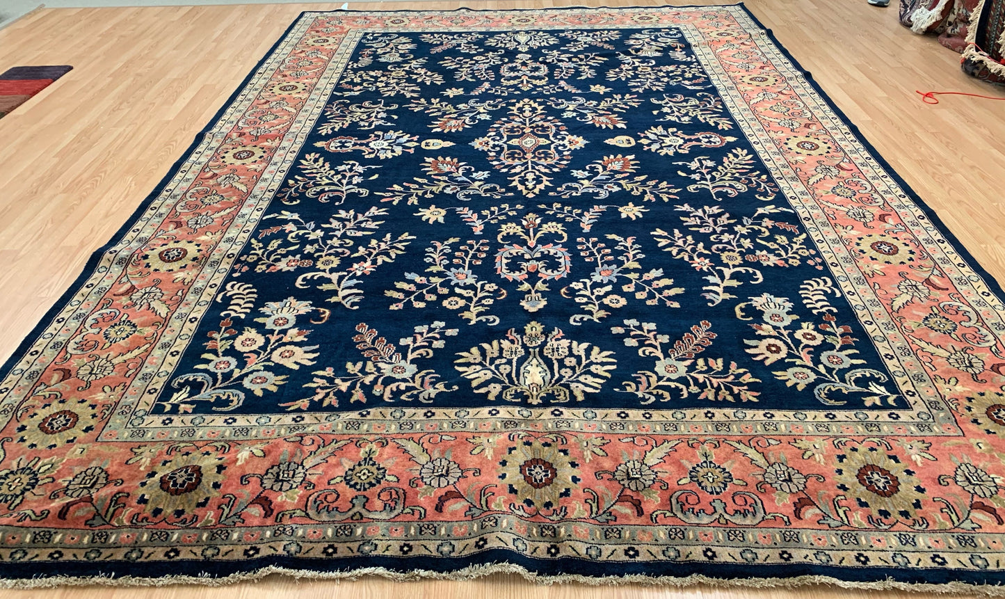 Vintage Hand-Knotted Wool Navy/Rose Sarouk Nawab Rug (9'10"x13'6")