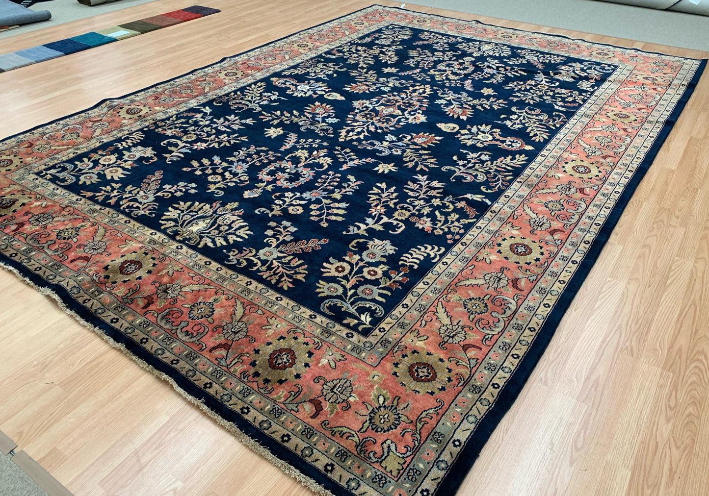 Vintage Hand-Knotted Wool Navy/Rose Sarouk Nawab Rug (9'10"x13'6")