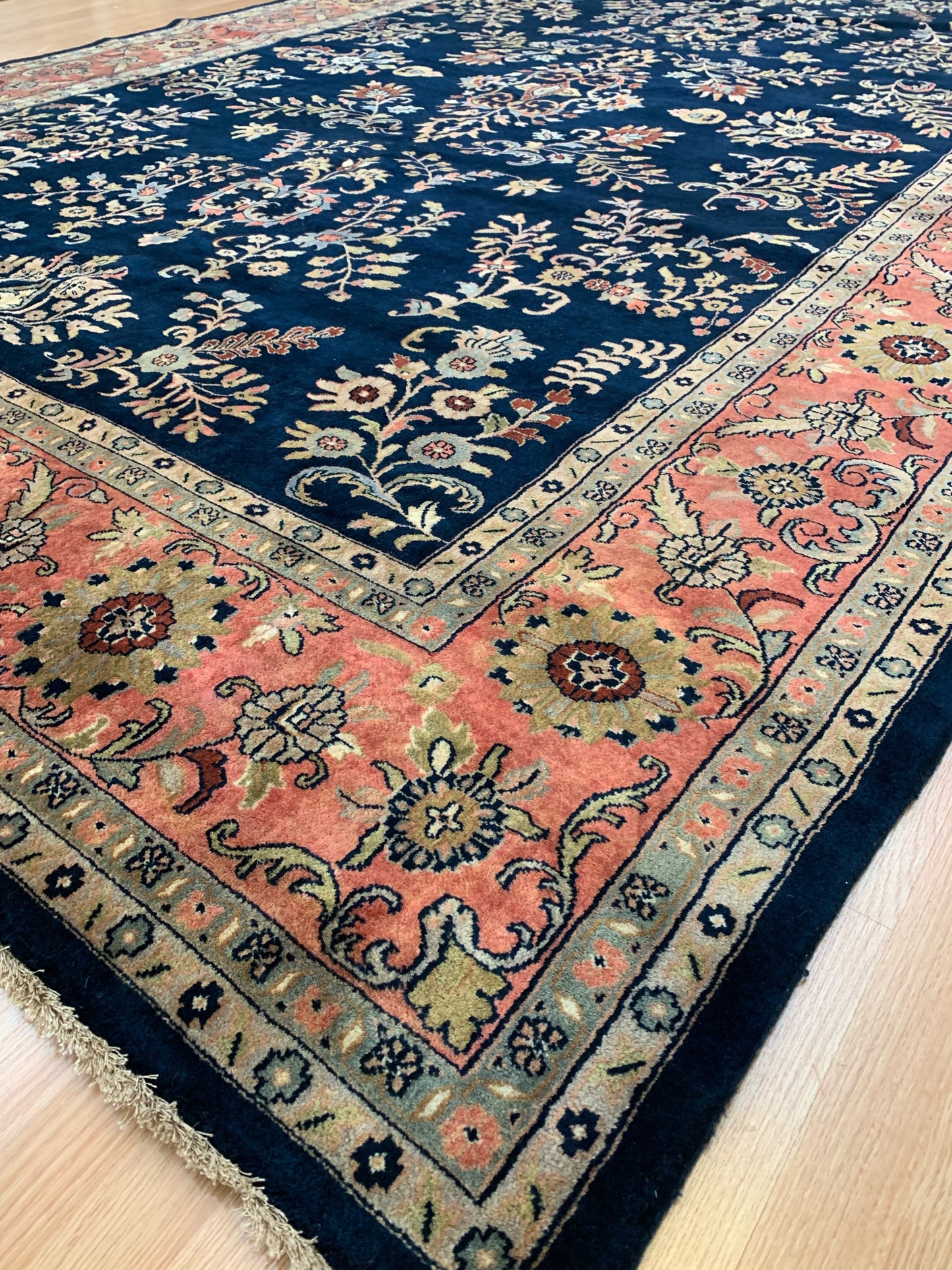 Vintage Hand-Knotted Wool Navy/Rose Sarouk Nawab Rug (9'10"x13'6")