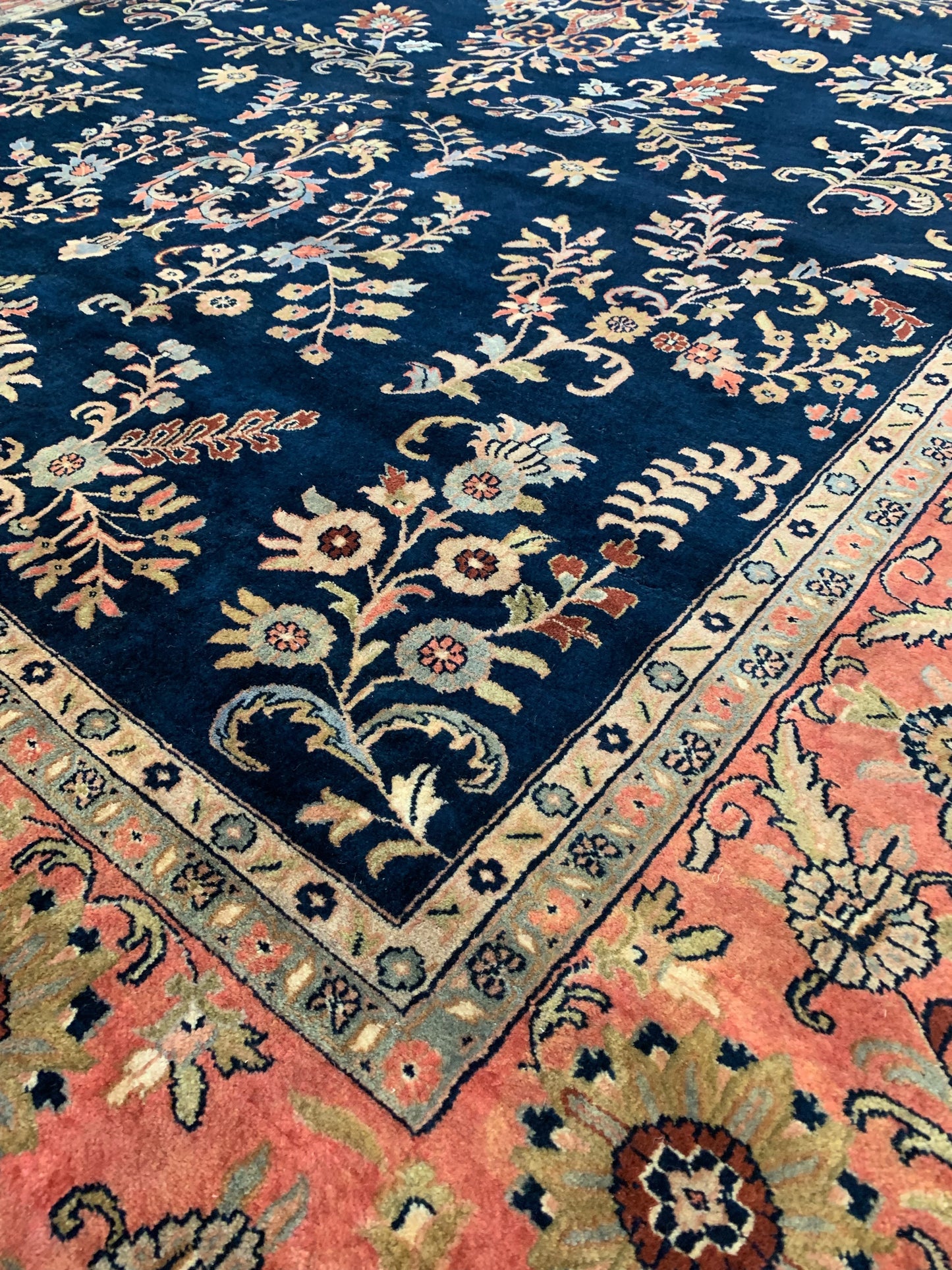 Vintage Hand-Knotted Wool Navy/Rose Sarouk Nawab Rug (9'10"x13'6")