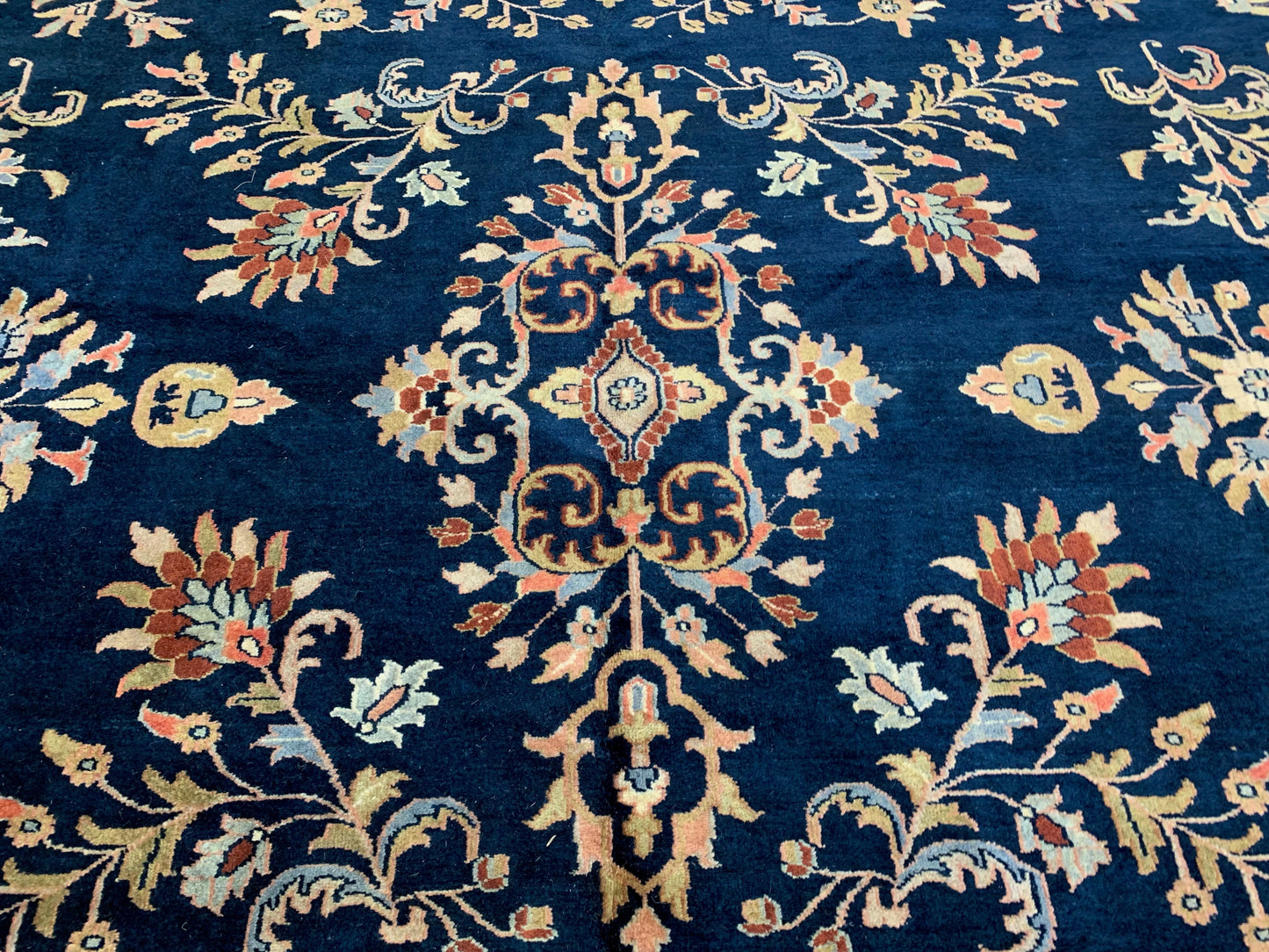 Vintage Hand-Knotted Wool Navy/Rose Sarouk Nawab Rug (9'10"x13'6")