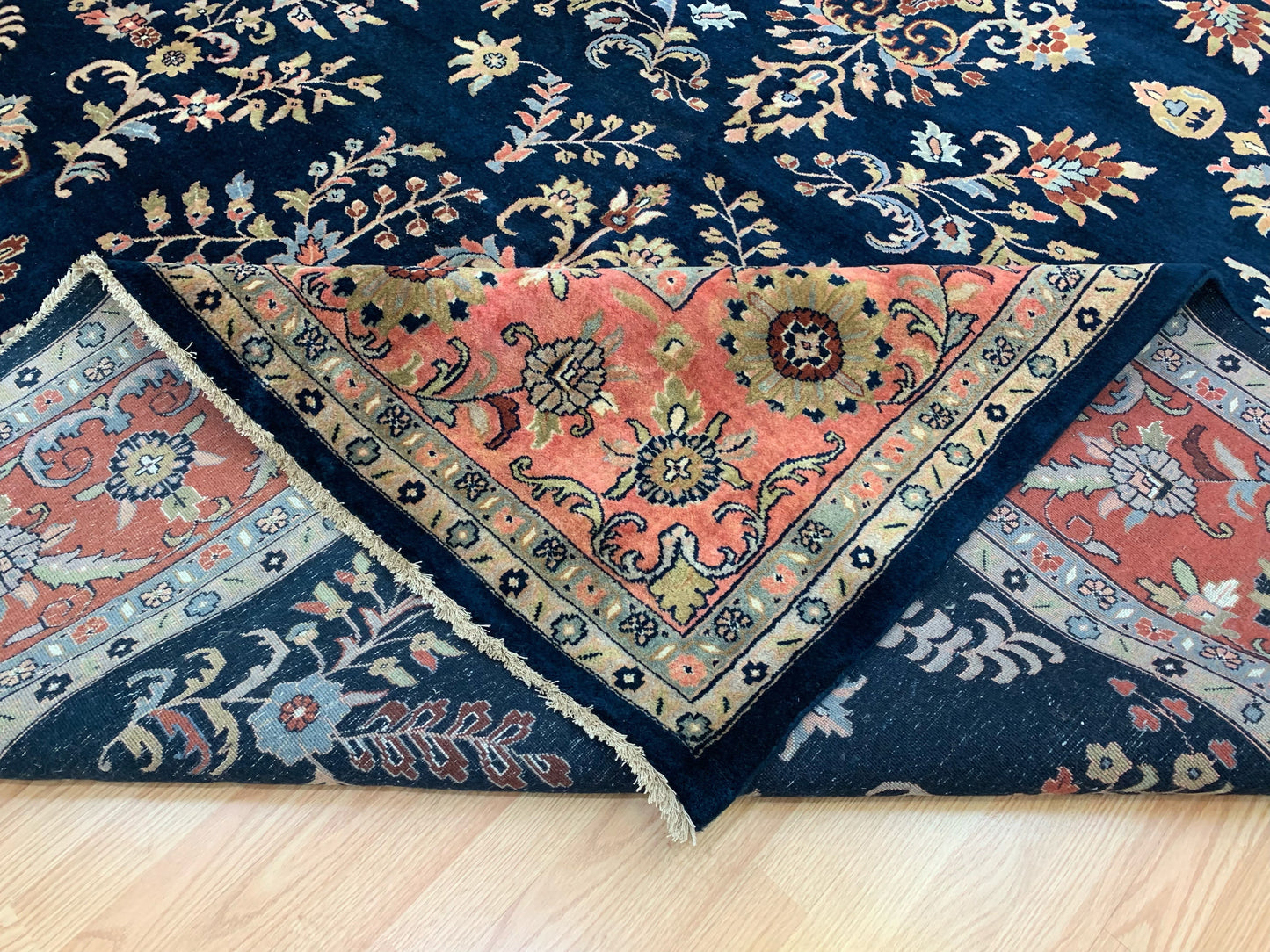 Vintage Hand-Knotted Wool Navy/Rose Sarouk Nawab Rug (9'10"x13'6")