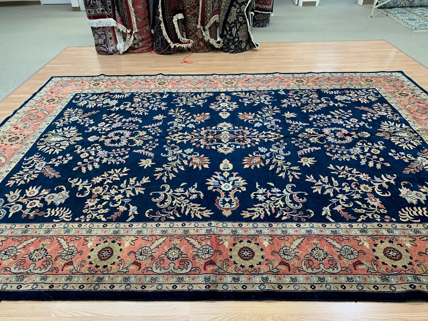 Vintage Hand-Knotted Wool Navy/Rose Sarouk Nawab Rug (9'10"x13'6")