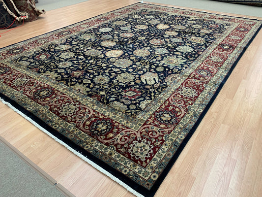 Hand-Knotted Wool Navy/Red Agra Rug (9'8"x13'9")