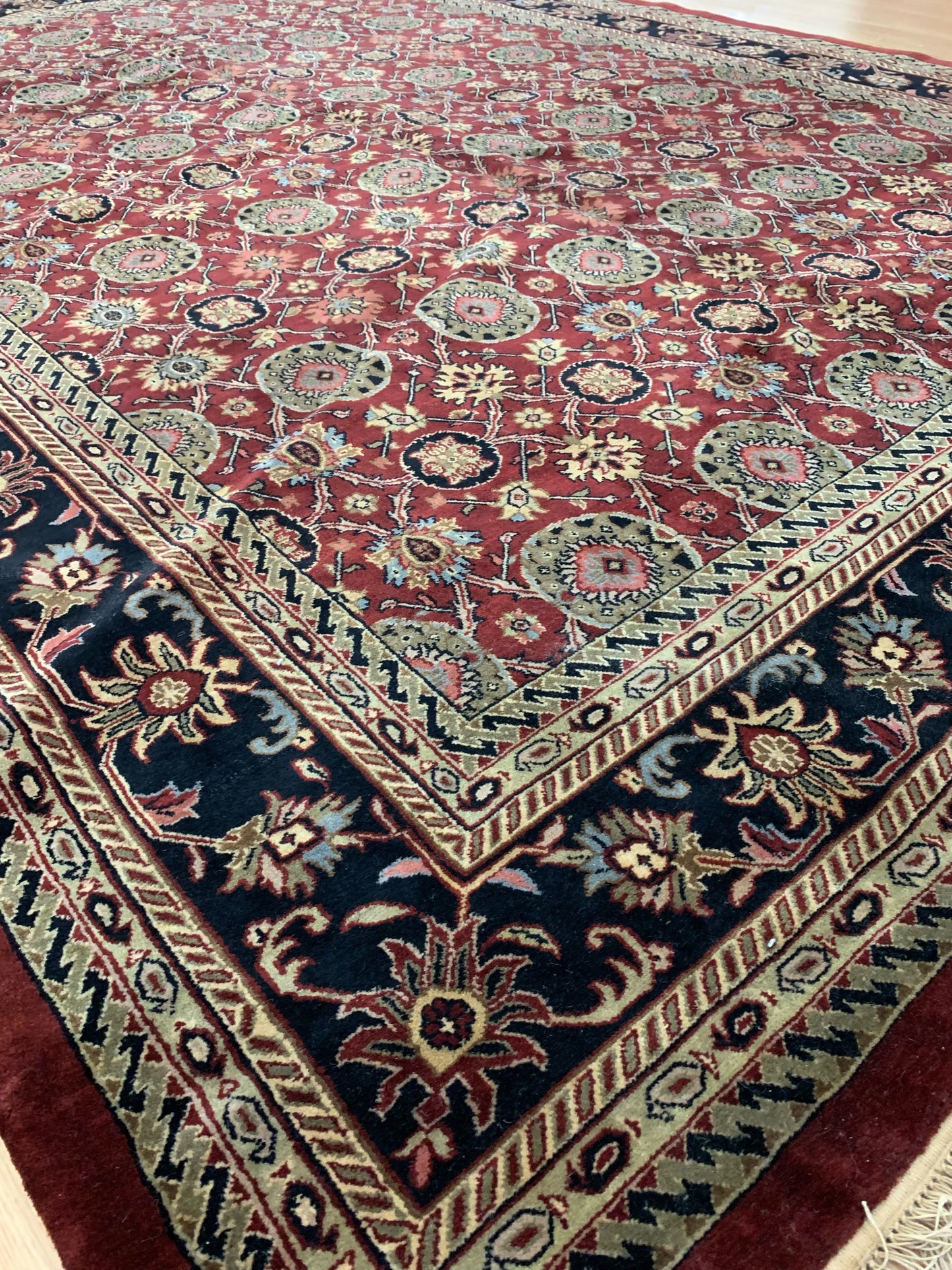 Vintage Hand-Knotted Wool Burgundy/Navy Super Jaipura Rug (9'7"x13'9")