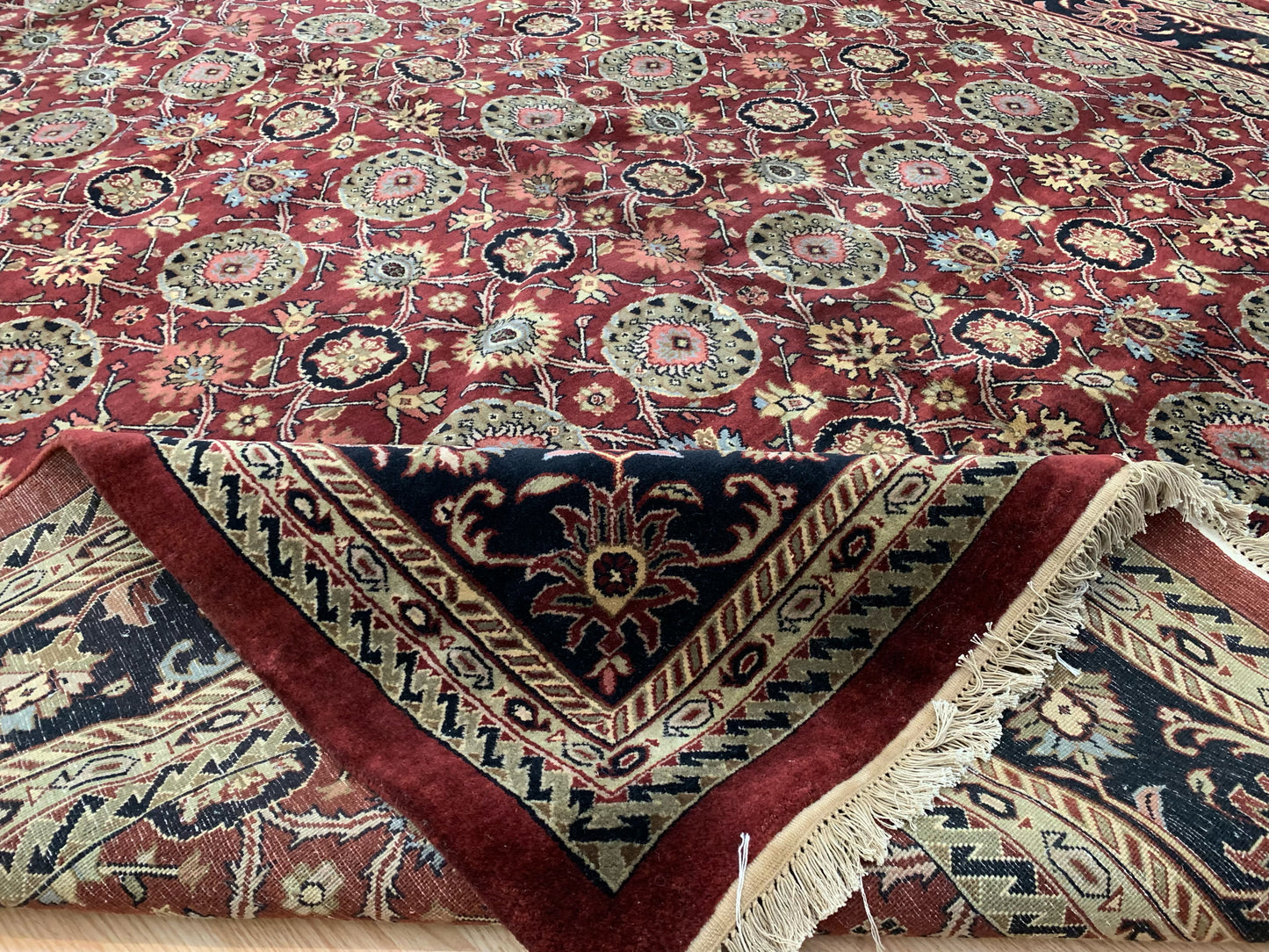 Vintage Hand-Knotted Wool Burgundy/Navy Super Jaipura Rug (9'7"x13'9")