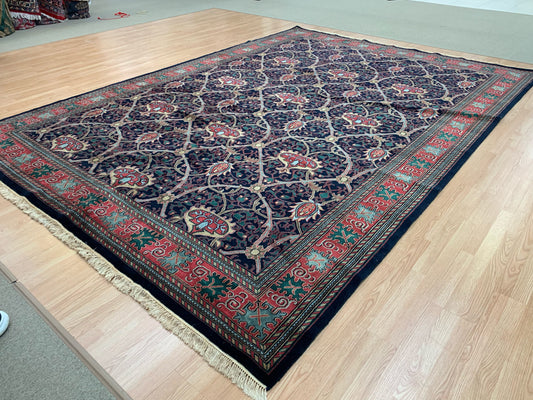 Vintage Hand-Knotted Wool Navy William Morris Rug (9'11"x13'11")