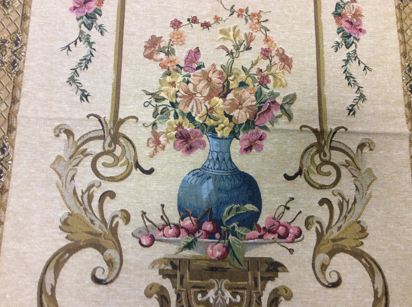 Close-up of Arabesque Floral Vase Tapestry - Detailed view showcasing intricate floral and arabesque motifs.