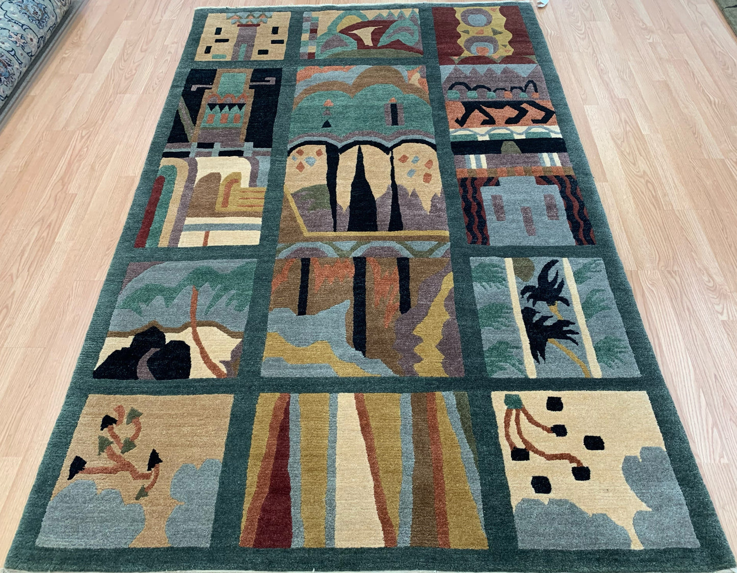 Vintage Hand-Knotted Wool Tufenkian Deco Panel Spruce Rug (5'5"x8'7")