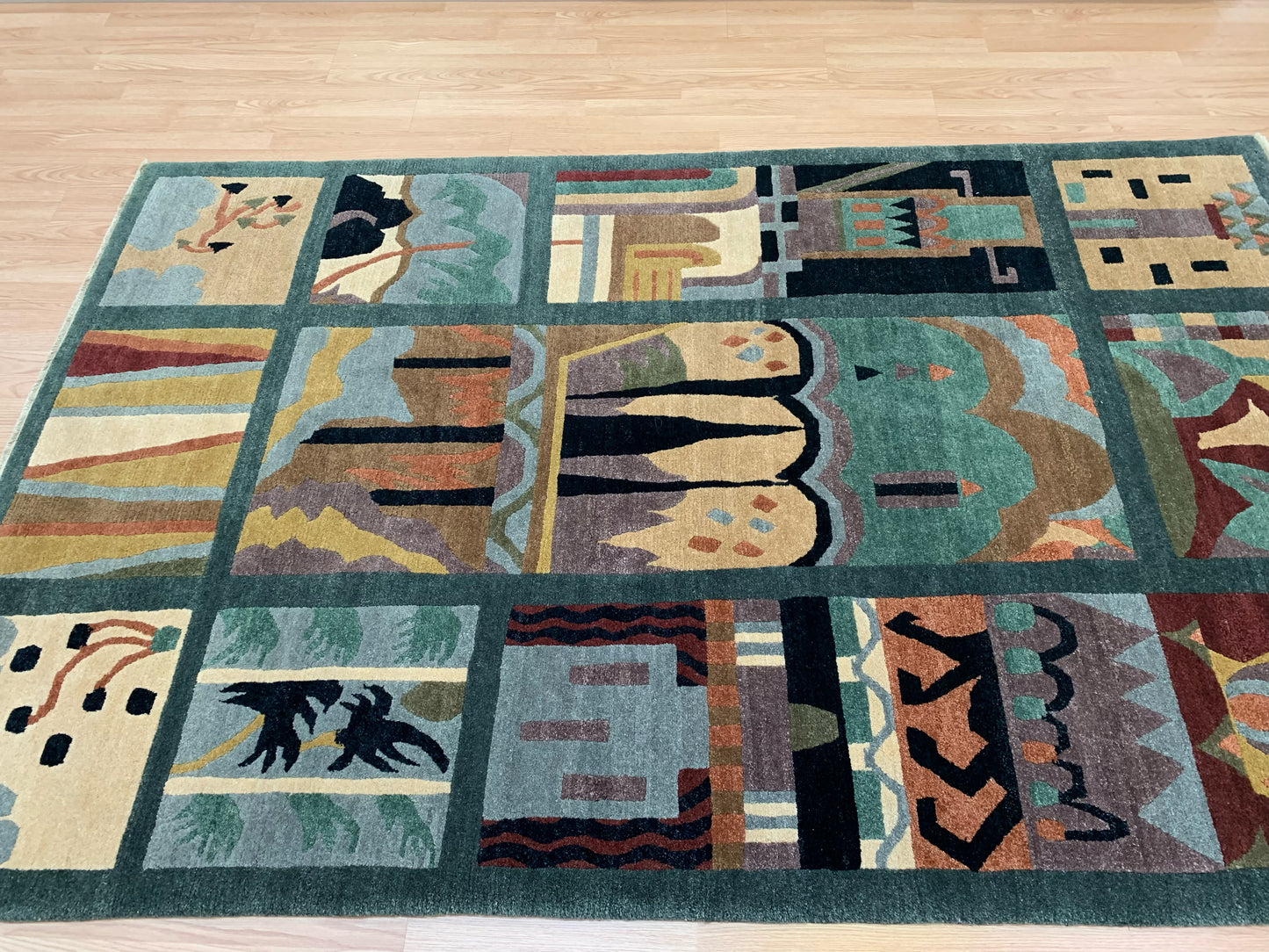 Vintage Hand-Knotted Wool Tufenkian Deco Panel Spruce Rug (5'5"x8'7")