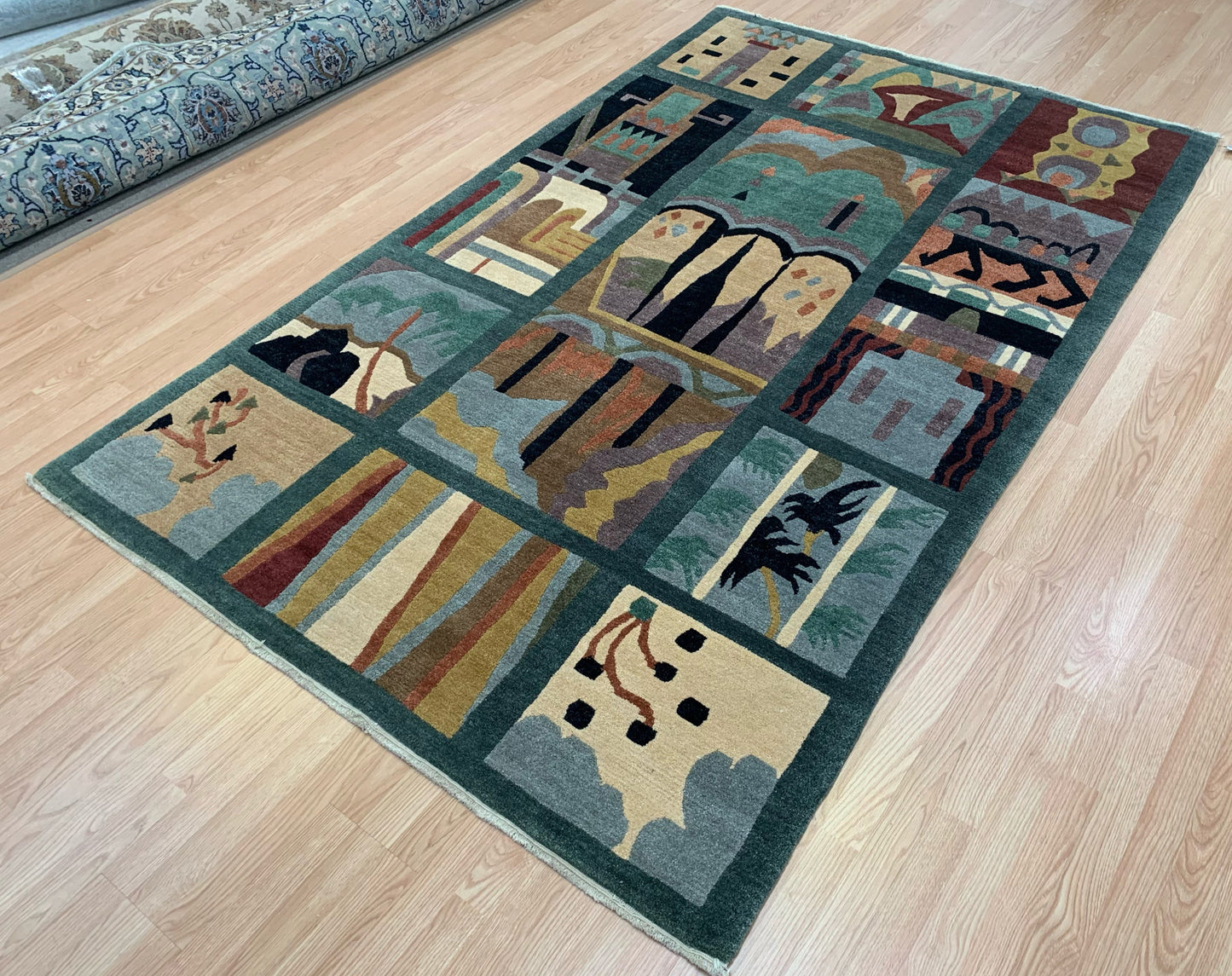 Vintage Hand-Knotted Wool Tufenkian Deco Panel Spruce Rug (5'5"x8'7")