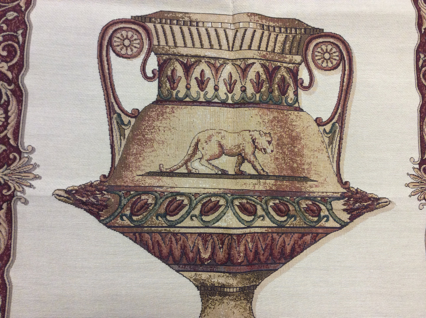 Close-up of Olde World Urn with Lioness Tapestry - Detailed view showcasing intricate details of the urn and lioness motifs.