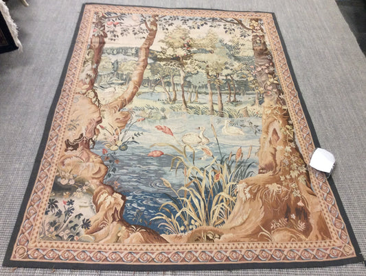 Vintage Aubusson Woven Duck Pond Tapestry (54"x74")