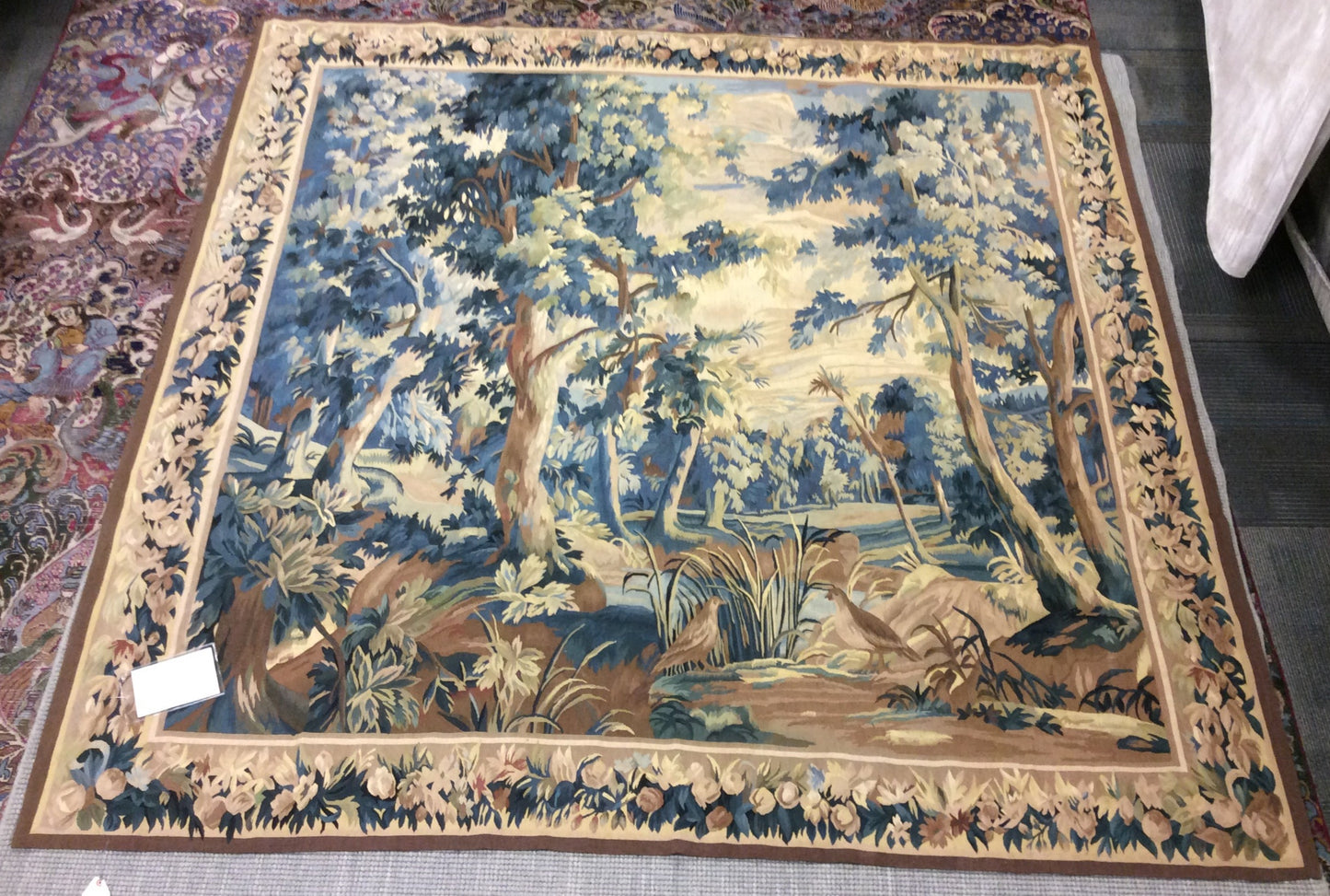 Vintage Hand Woven Forest Verdure Aubusson Tapestry (93"x95")